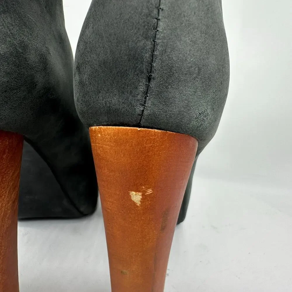 Jeffrey Campbell Lita Chunky Platform Gray Wooden Heel Leather Bootie Size 6.5